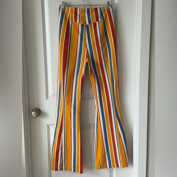 Free People Real Deal Colorful Hippie Retro Stretch Striped Flare Pants-M - Picture 6 of 15